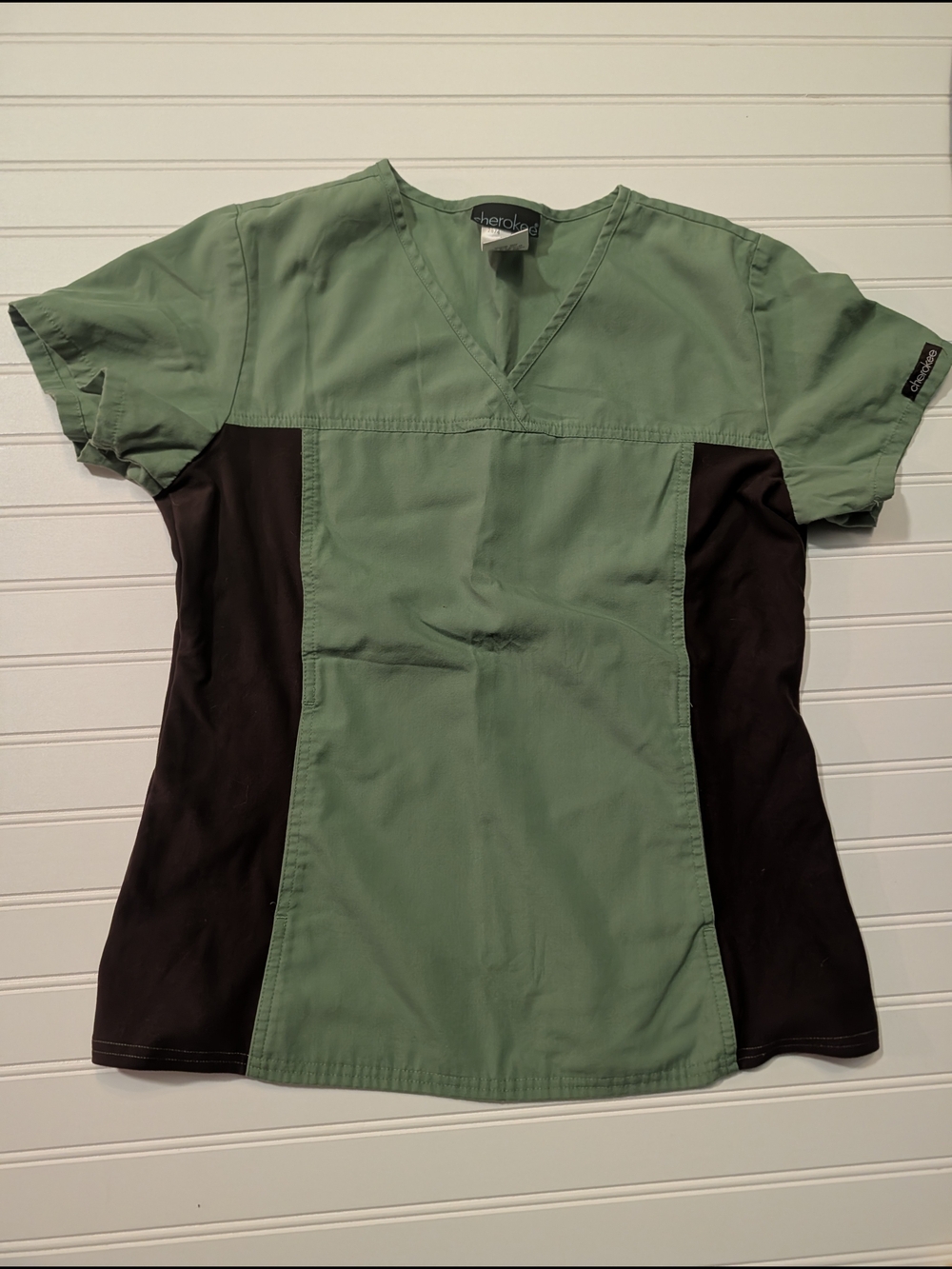 Cherokee Green V-Neck Scrub Top with Black Side Panels